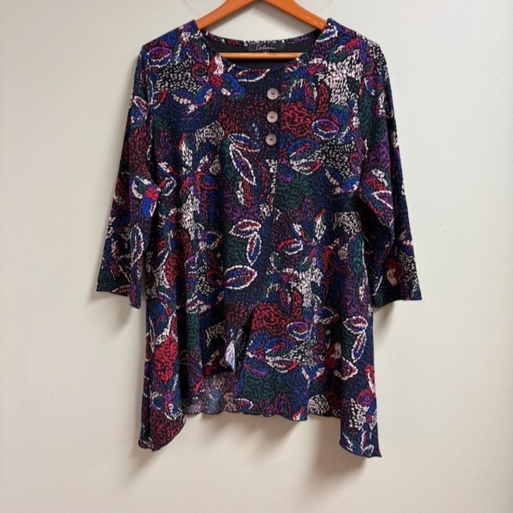 Calessa Women Tunic Top Sz XL Lagenlook Dark Abstract Floral Lightweight Stretch